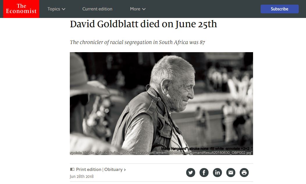 David Goldblatt died on June 25th