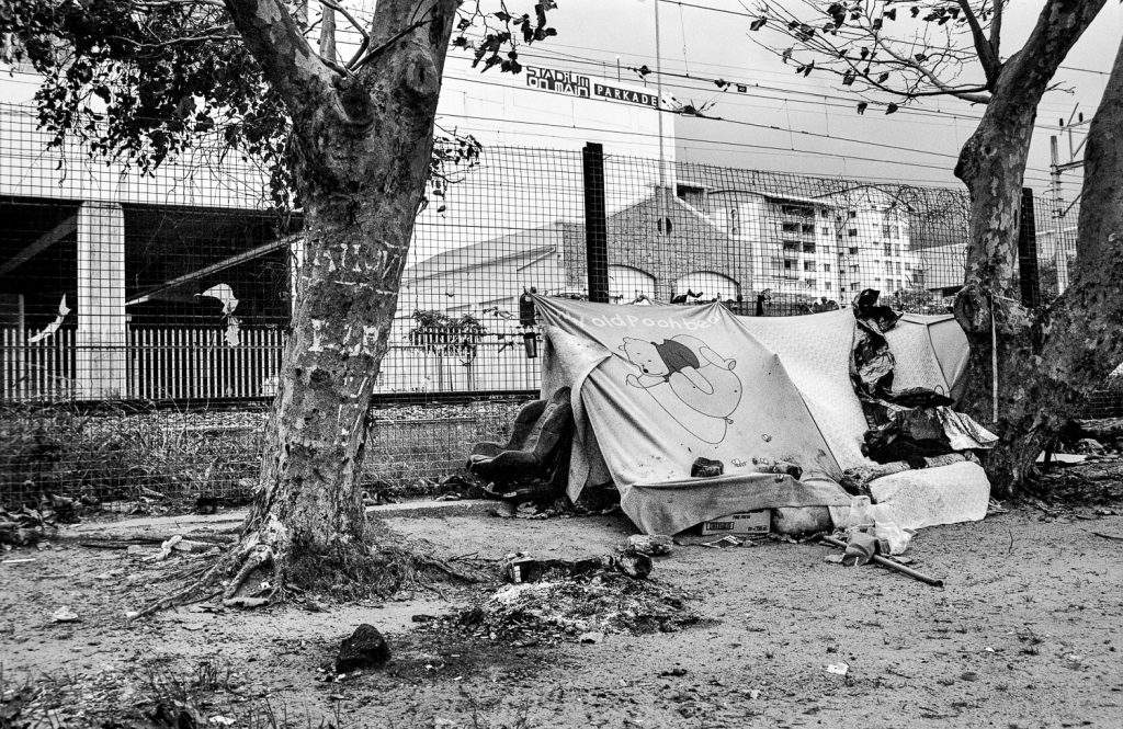 Campsite for shelter at the back of Stadium on Main, Claremont, 2013.